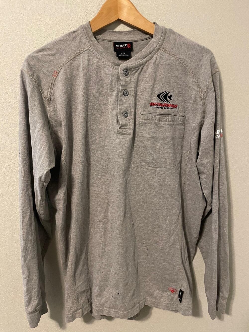 Ariat FR Henley Shirt Mens Large Gray Long Sleeve Arrowhead CAT2 2112 FLAWS